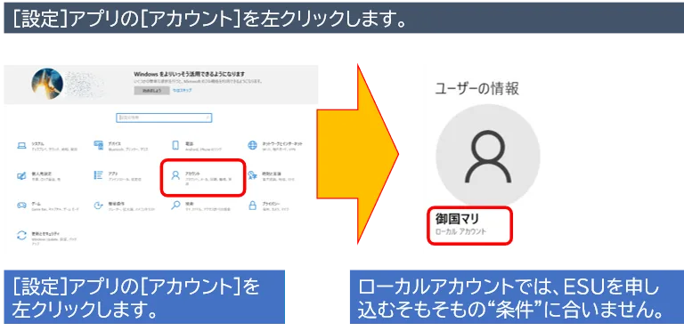 [設定]アプリの[アカウント]を左クリックします。