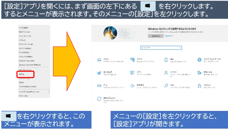 [設定]アプリを開くには、まず画面の左下にあるスタートボタンを右クリックします。 するとメニューが表示されます。そのメニューの[設定]を左クリックします。